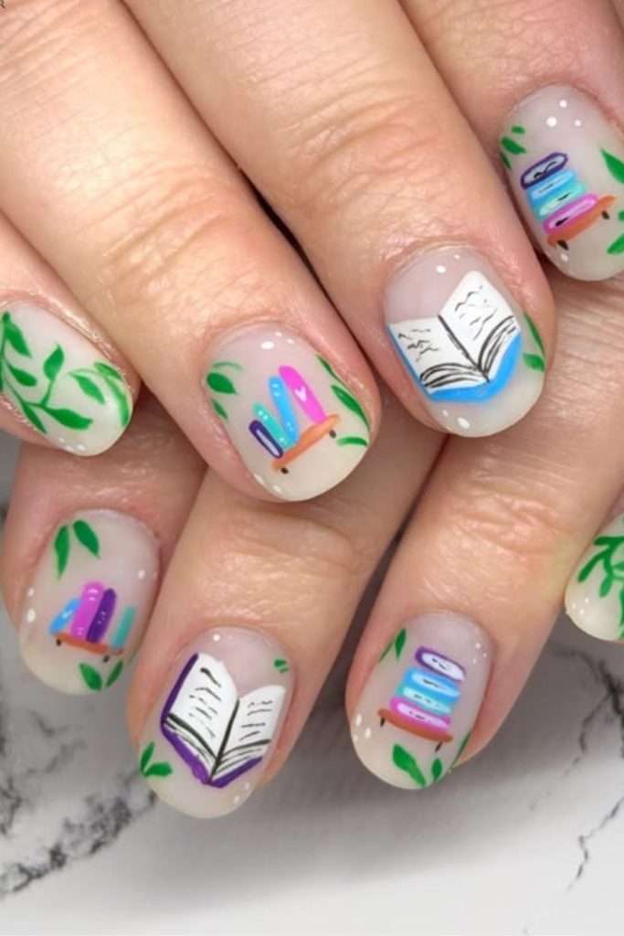 Bookworm floral literary nail design.