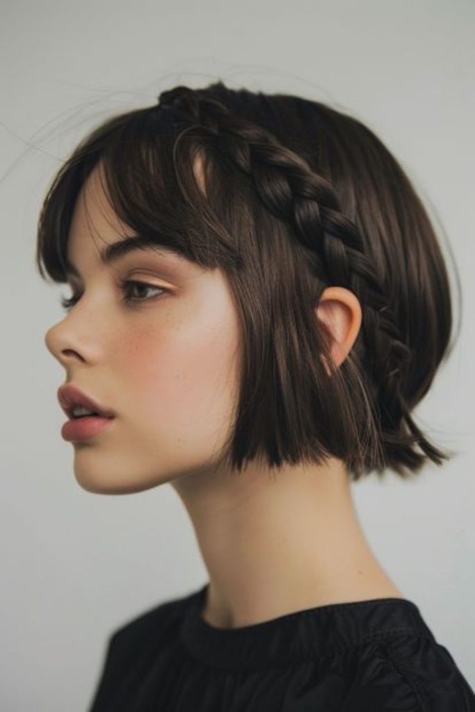 Braided bangs on short hair.