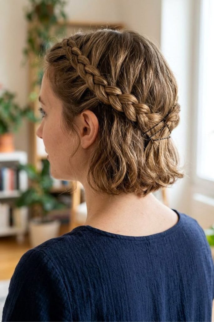 Front braided crown short hairstyle.