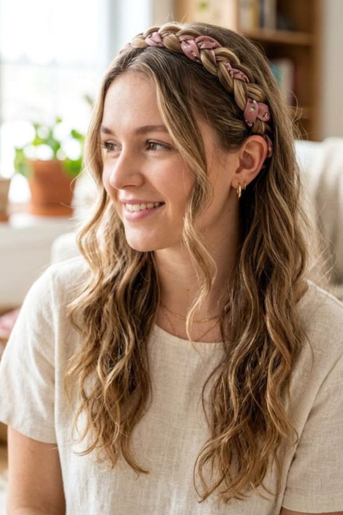 Braided headband with loose hair.
