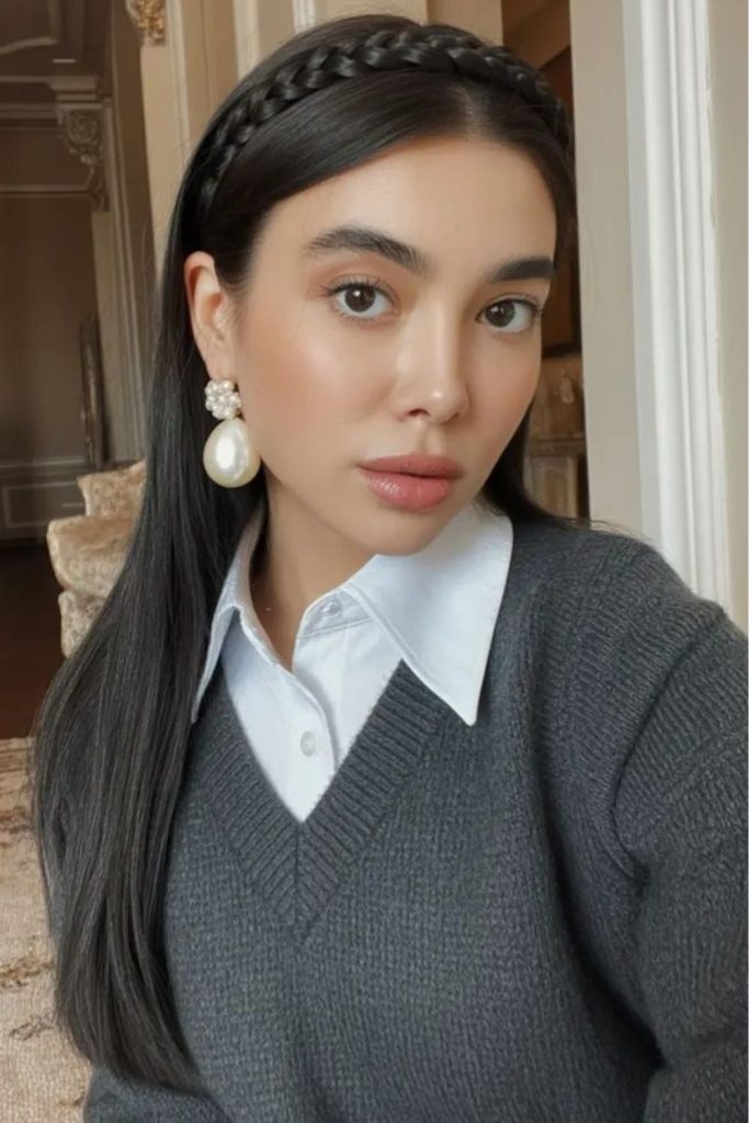 Braided headband with loose waves.