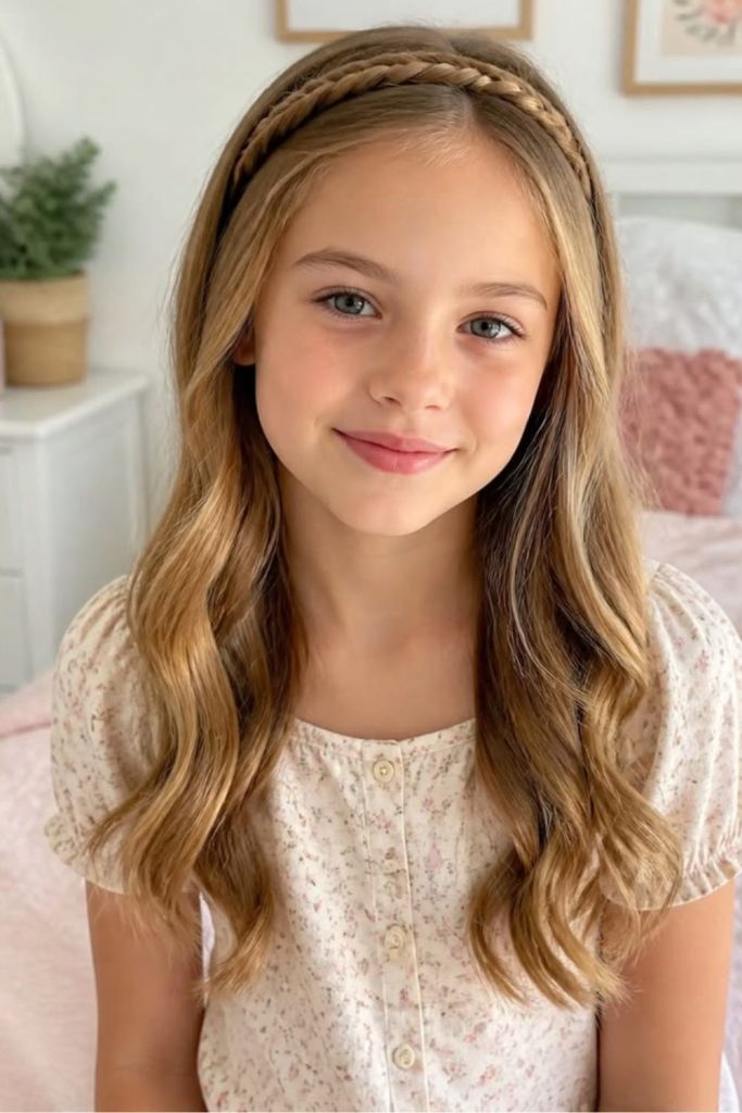 Braided headband with flowing hair.