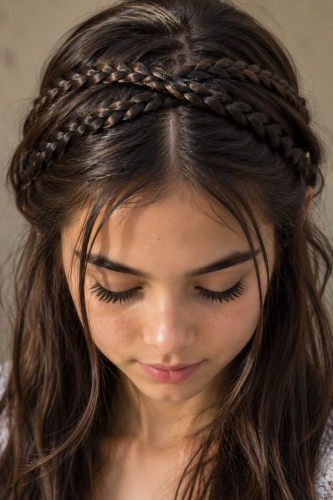 Braided headband with loose hair.