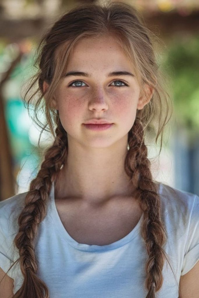 Braided pigtails with ribbon ties.