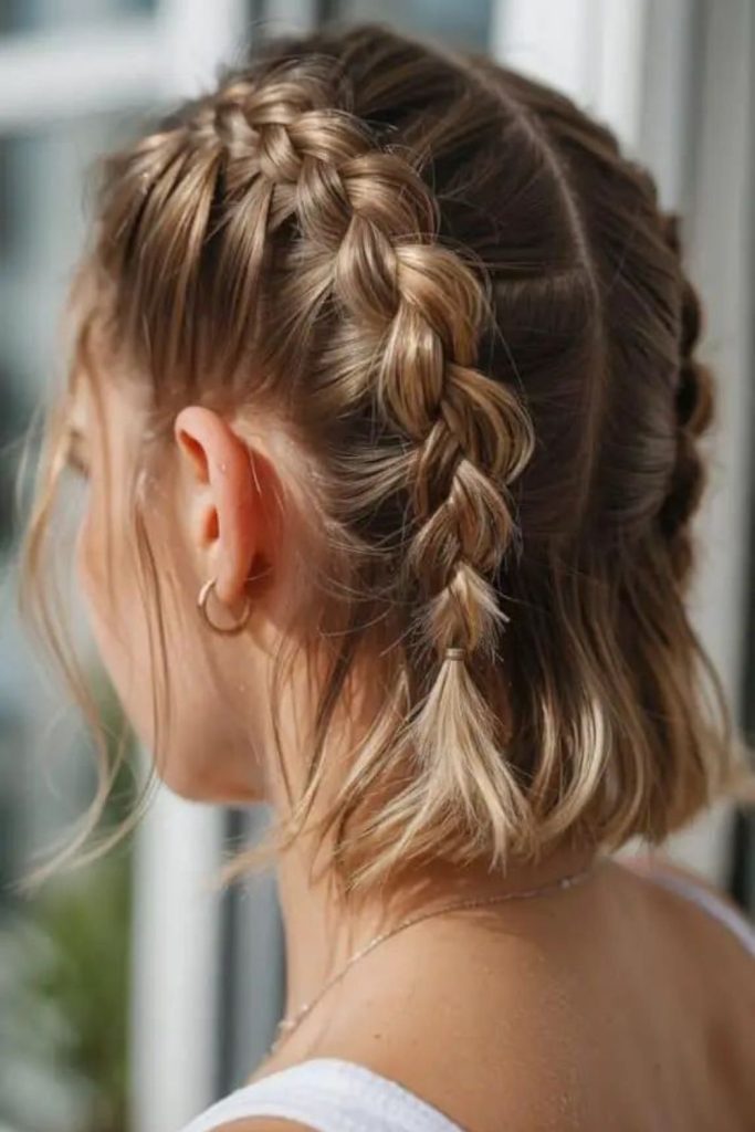 Braided pigtails medium hair style.