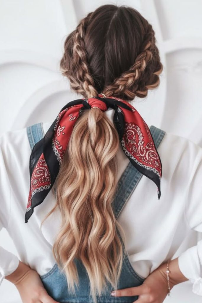 Braided ponytail wrapped in paisley bandana.