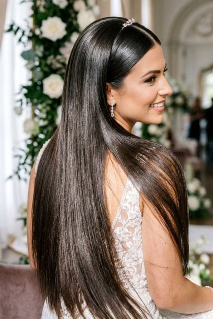 Straight hair with bridal halo accessory.