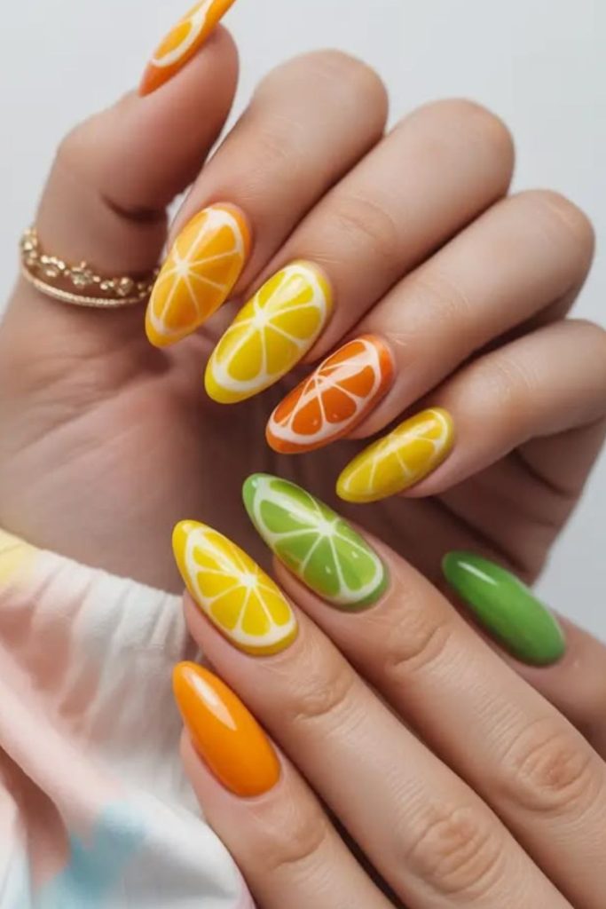 Bright orange abstract summer nails.