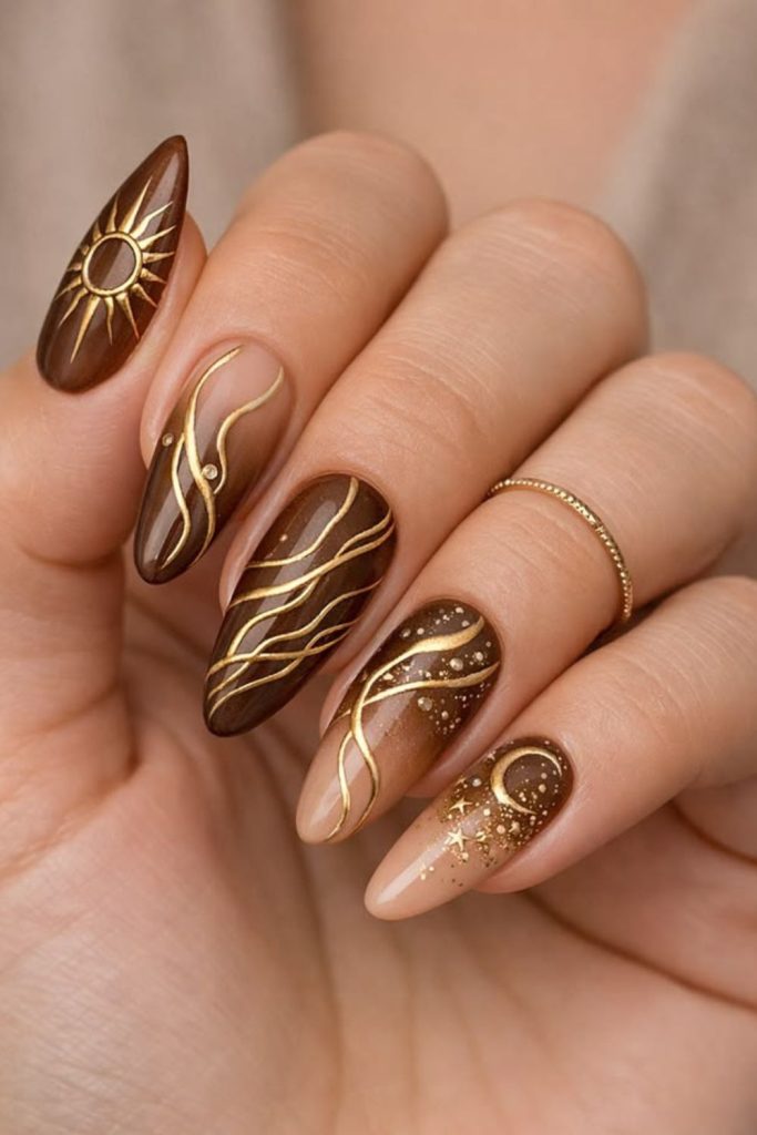 Bronze goddess Leo zodiac nails