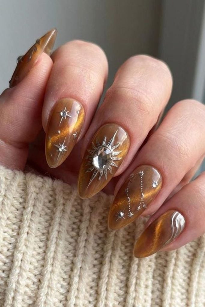 Bronze sun goddess Leo nails