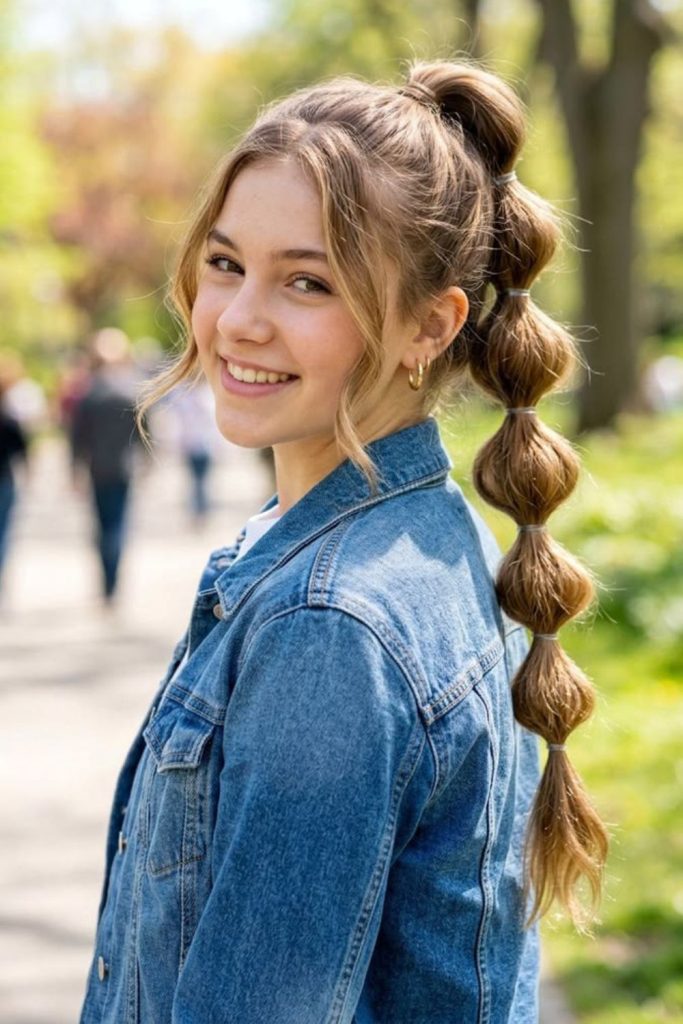 Bubble ponytail with colorful hair bands.
