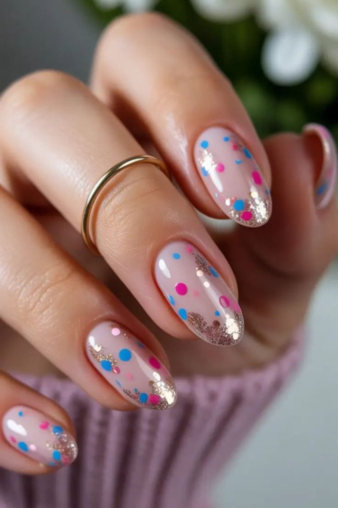 Colorful confetti glitter clear nails.