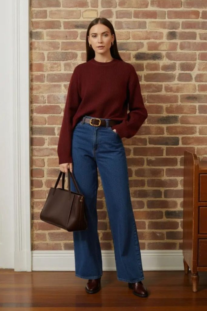 Burgundy turtleneck and autumn denim