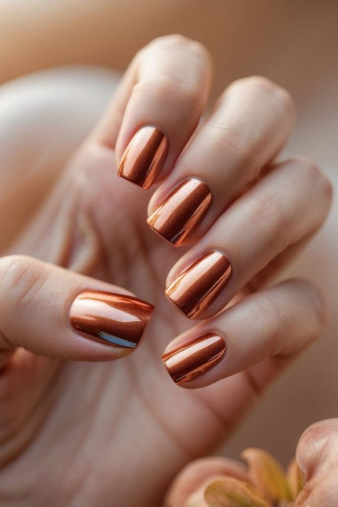 Burnished copper metallic nail design.