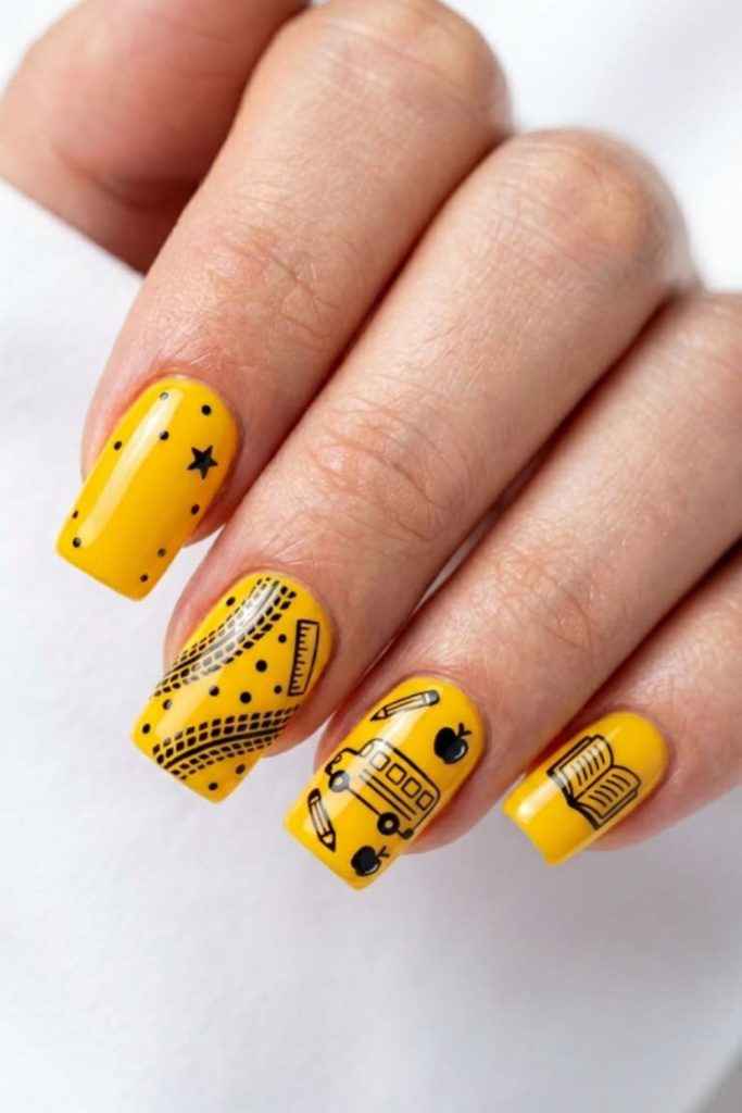 Yellow school bus themed nails.
