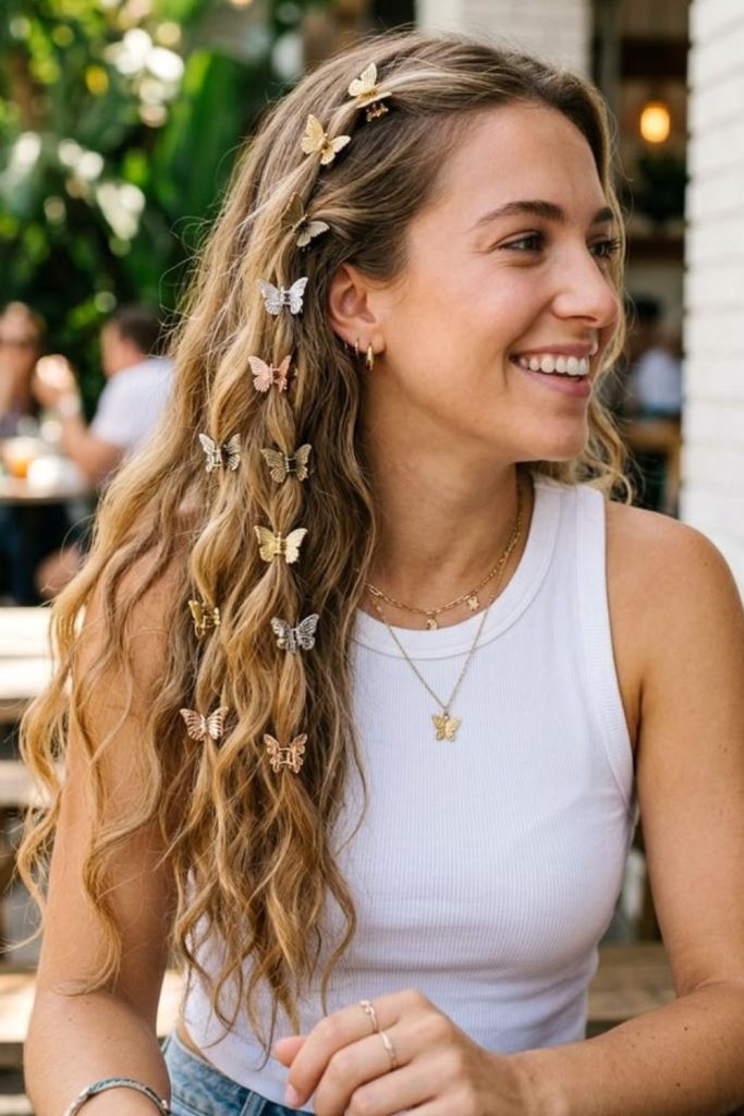 Wavy hair decorated with butterfly clips.