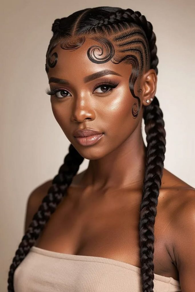 Butterfly inspired artistic natural cornrow braids.