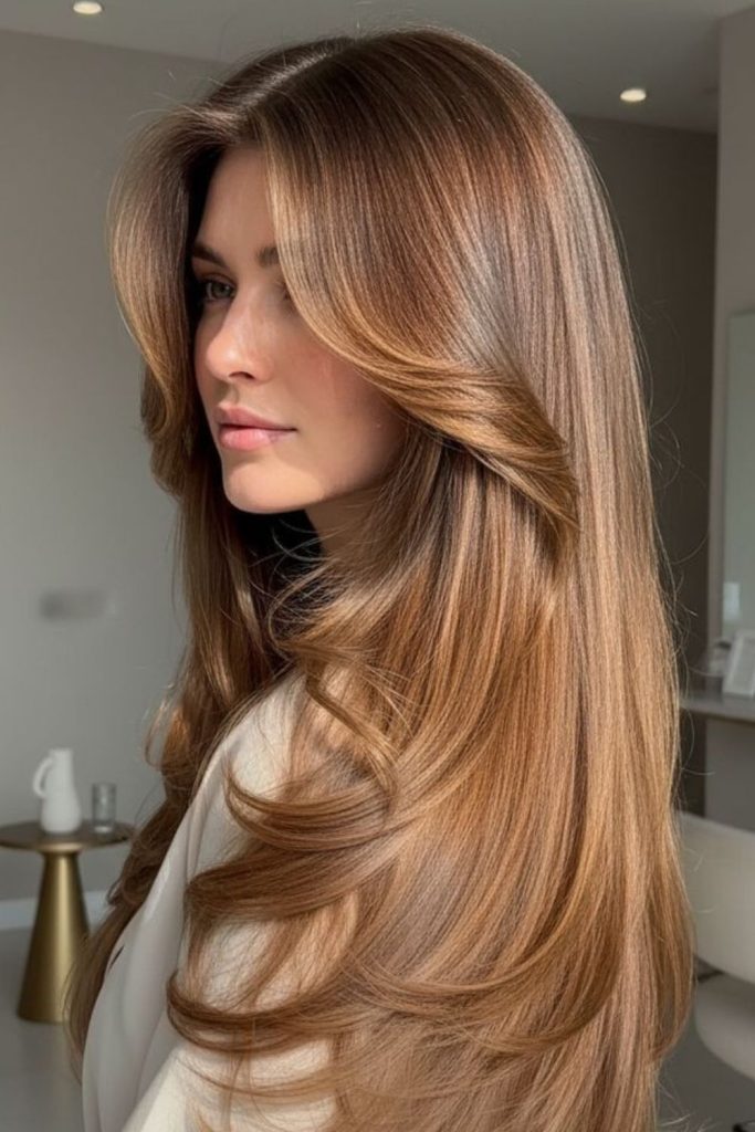 Caramel ribbon straight flowing hairstyle.