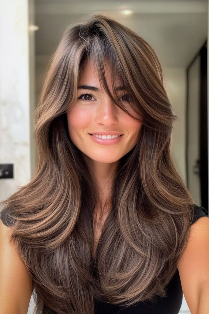 Cascading Orchid Bangs with romantic waves.