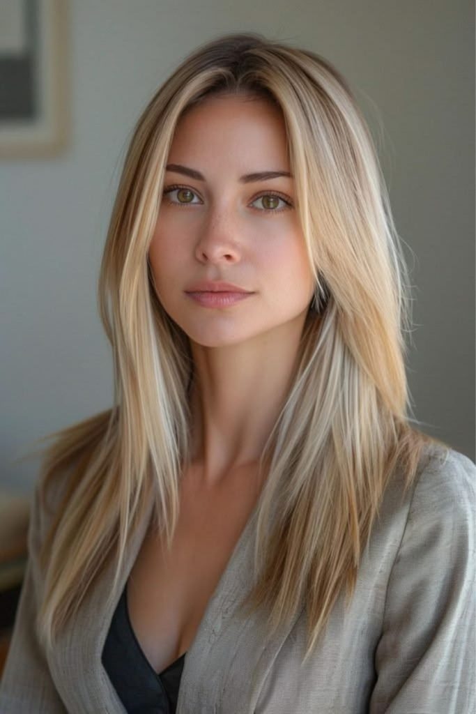 Cashmere straight layered flowing hairstyle.