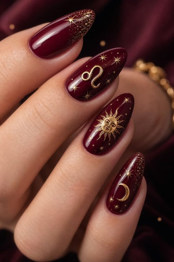 Celestial burgundy lion queen nails