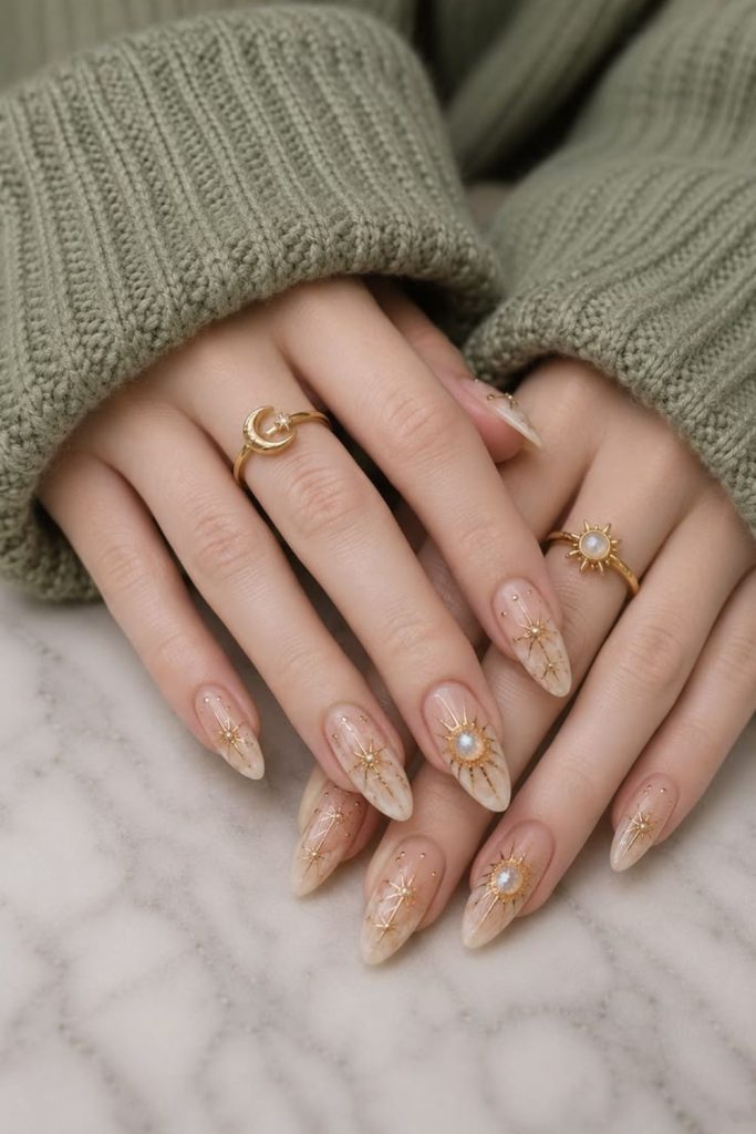 Celestial lioness beige zodiac nails
