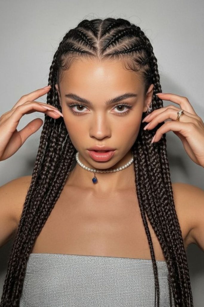 Center part sleek natural cornrows style.