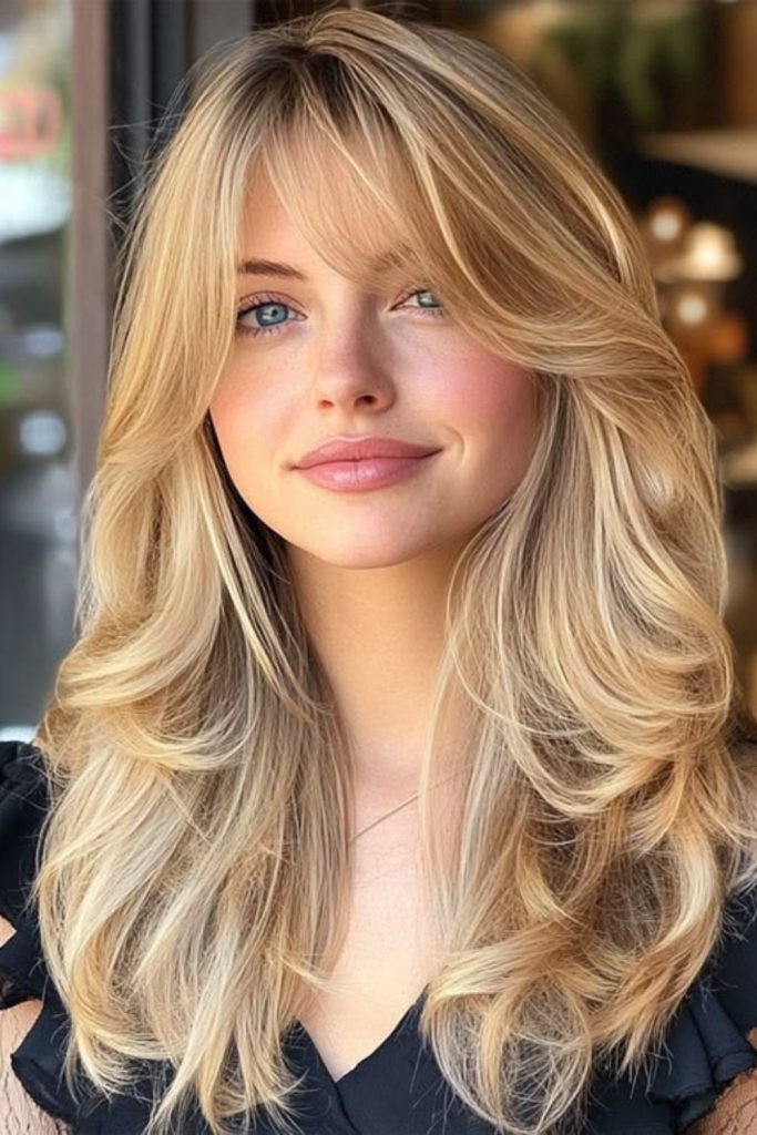 Champagne Curtain Sweep with voluminous blonde waves.