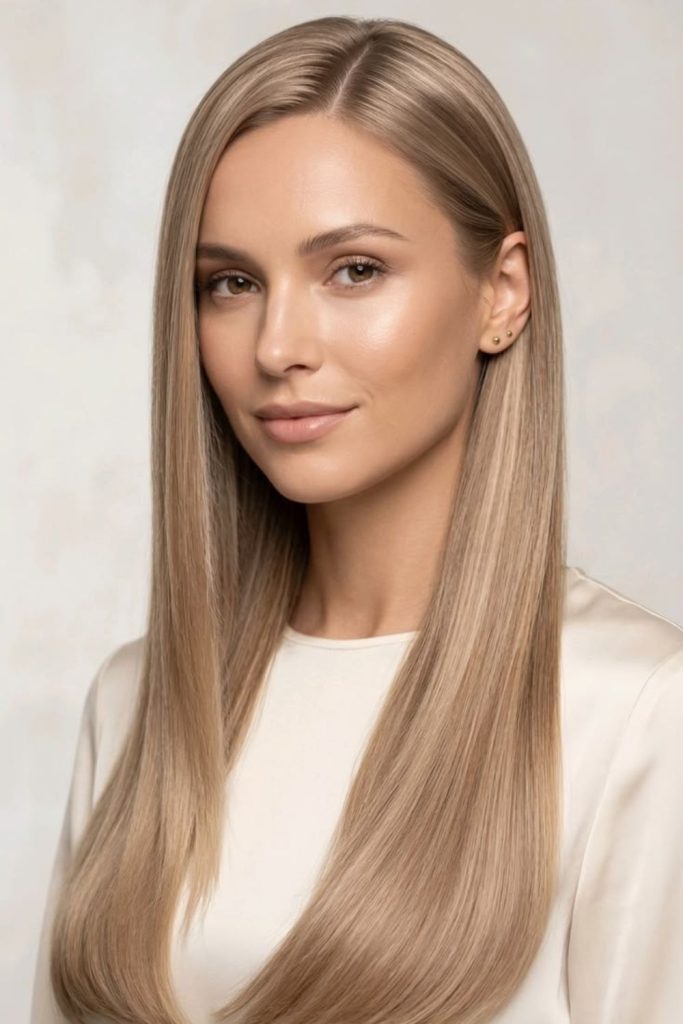 Champagne glow straight flowing hairstyle.