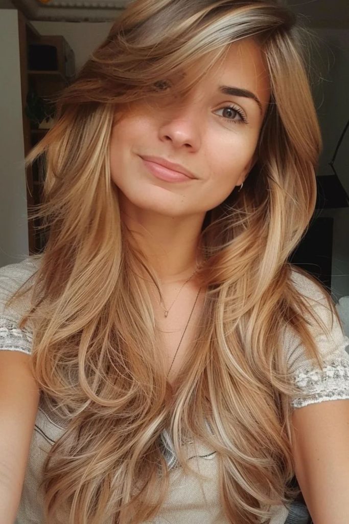 Champagne Side Cascade with blonde layers.