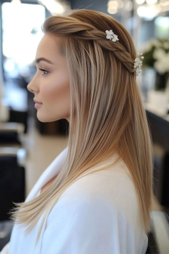 Champagne blonde sleek bridal hairstyle.