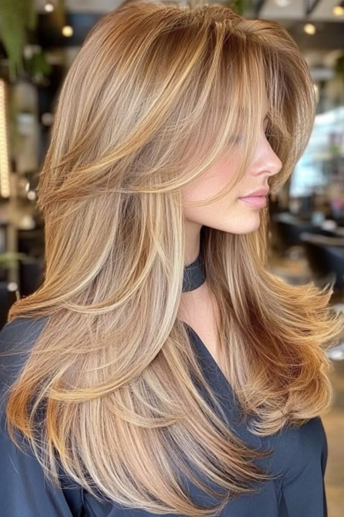 Champagne silk layered straight hairstyle.