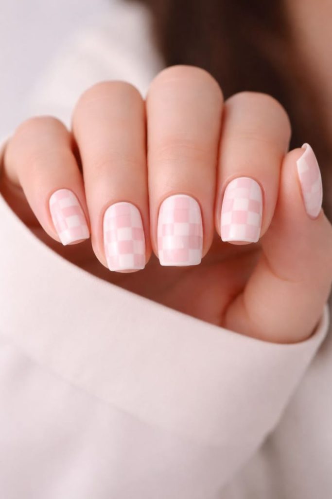 Retro checkerboard back-to-school nail design.
