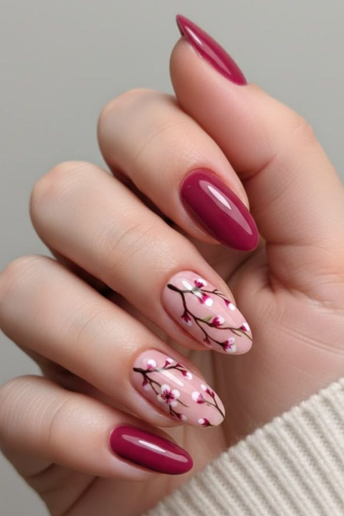 Cherry blossom pink floral manicure style.