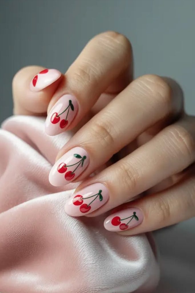 Cherry nail art on blush.