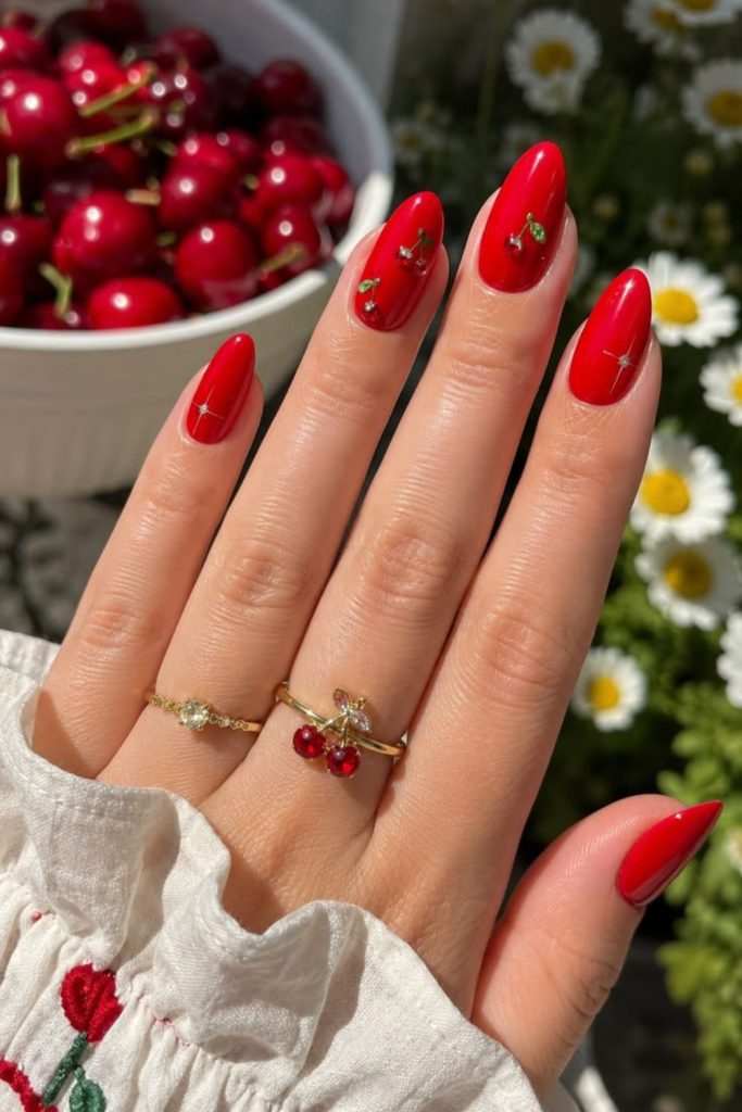 Cherry red glossy July manicure style.