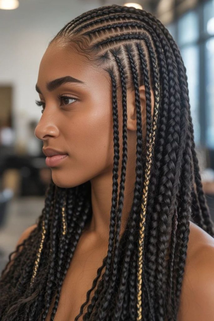 Chevron-pattern natural cornrow braids.