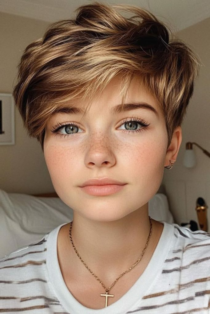 Chic textured pixie cut for school.