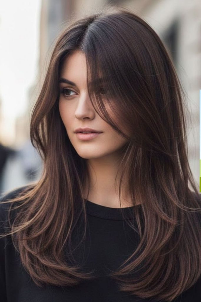 Chocolate silk straight layered hairstyle.