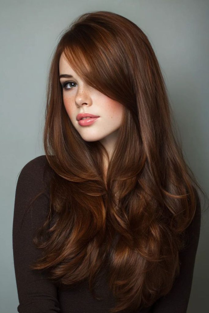 Chocolate Silk Fringe with glossy brown hair.
