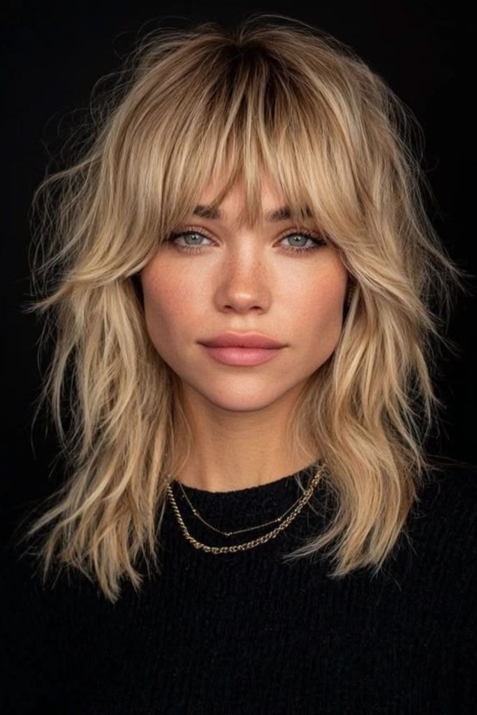 Choppy confidence wolf cut with bangs.