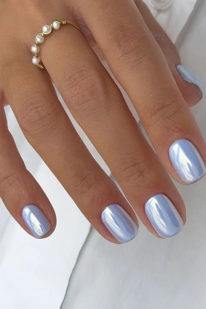 Baby blue chrome baddie nails