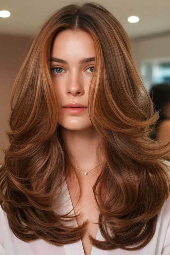 Cinnamon glow long straight hair.