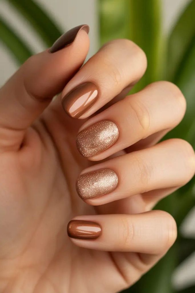 Cinnamon brown shimmer nail design.