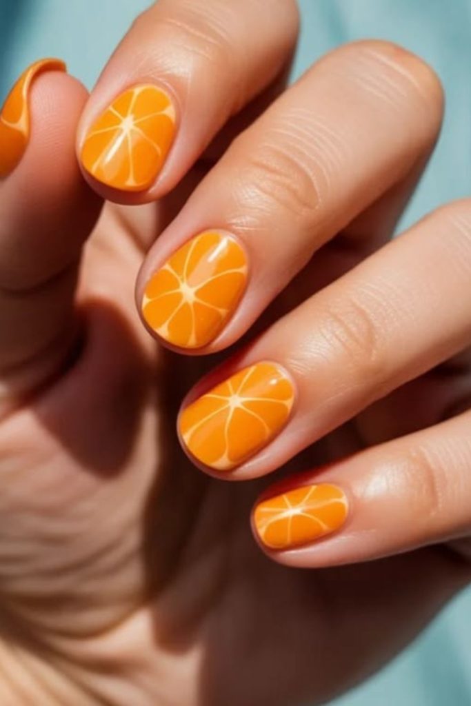 Bright citrus orange glossy nails.