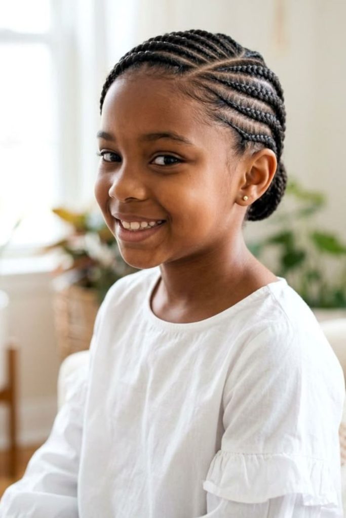 Feed in cornrows protective school hairstyle.