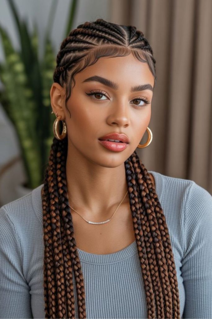 Feed-in cornrows on natural hair.