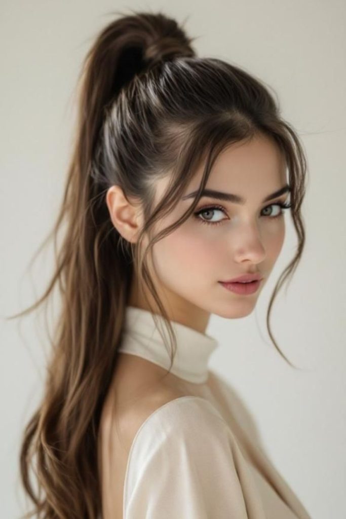 Classic high pony with soft layers.
