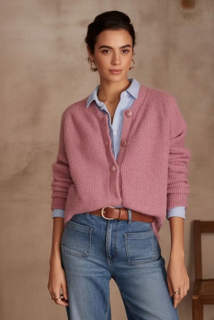 Straight blue jeans pink cardigan outfit