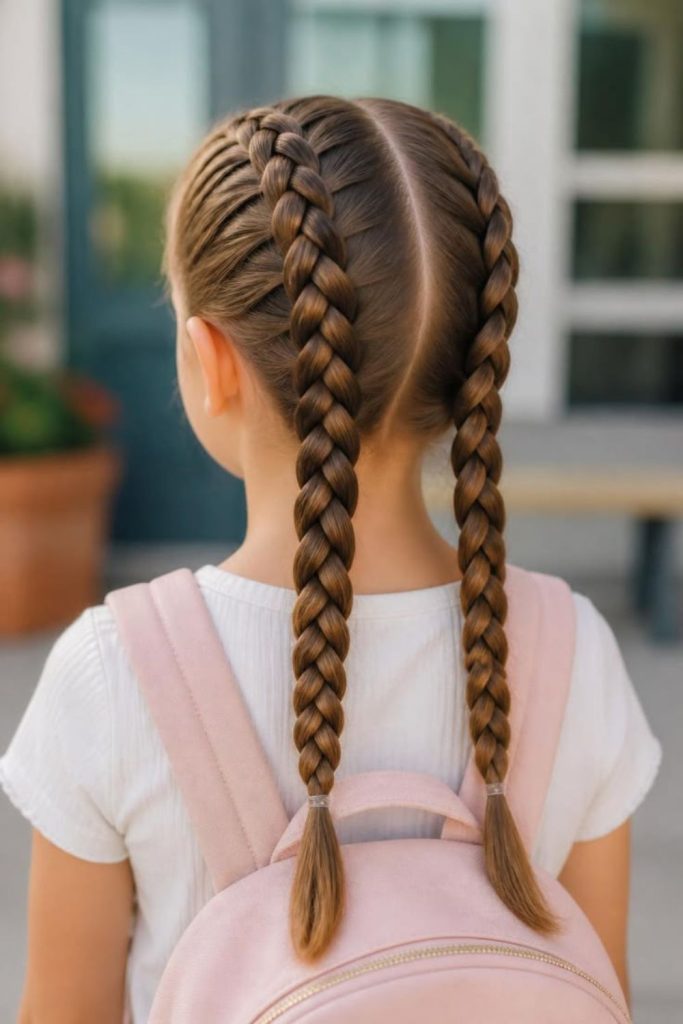 Classic twin braids for schoolgirls.